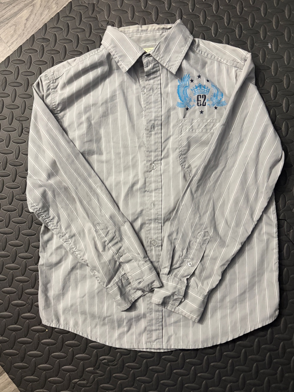 Faded Glory White Pinstripe Button-Down Shirt with Blue Embroidery